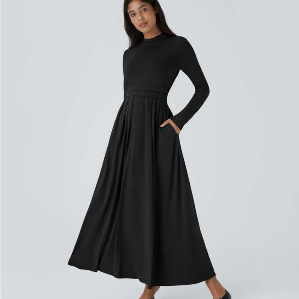 HALARA Mock-neck Long Sleeve Pocket Flare Maxi Casual Dress, black, L